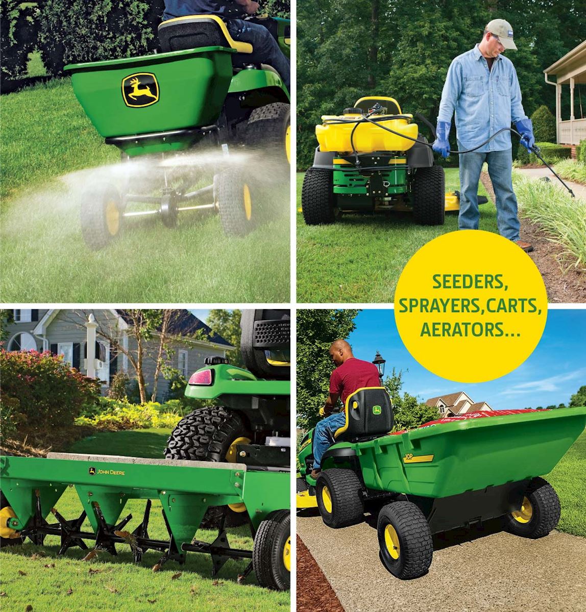 John Deere seeders, sprayers, carts, aerator